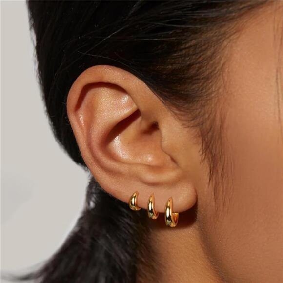 Dainty 14K Gold Plated  Chunky Small Gold Hoop Earrings Set‎ for Women - Picture 2 of 6